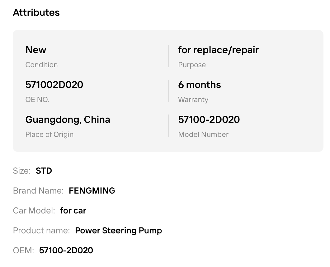 Auto Power Steering Pump Assembly for Hyundai Elantra Vvt 00-12 Model 57100-2D000 57100-2D020 57100-2D050